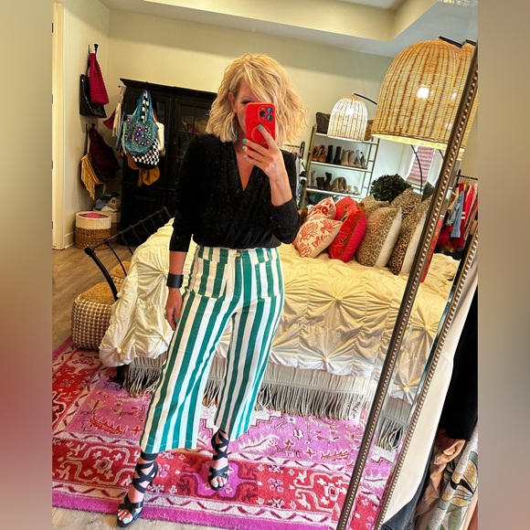 Striped Green and White Women's Pants - Picture 12 of 14